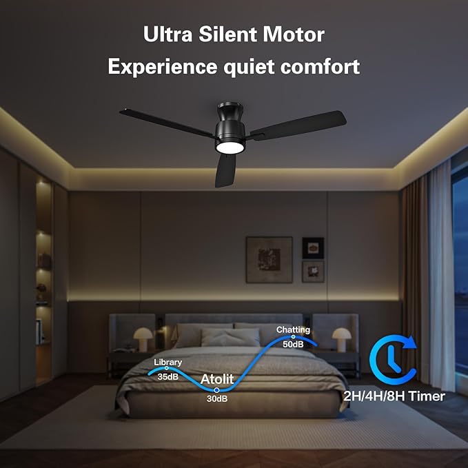 Ceiling Fans with Lights,52 Inch,Quiet Reversible Motor,Easy to Install,6 Speeds,Dimmable,Timer,Black Low Profile Ceiling Fan for Bedroom Living Room,Kitchen,Indoor/Outdoor