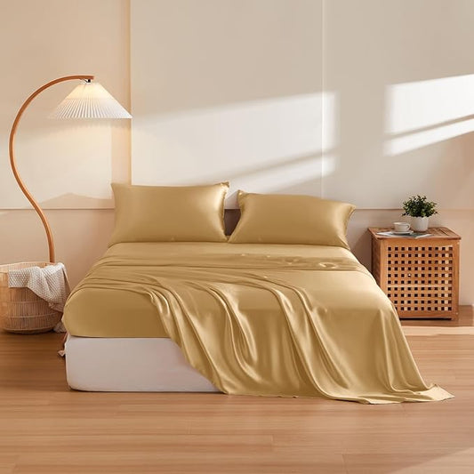 THXSILK Silk Sheet Set 4Pcs, 6A+ Top Grade 100% Pure Mulberry Silk Bed Sheets Ultra Soft Durable Luxury Bedding Sets, 1 Fitted Sheet, 1 Flat Sheet and 2 Pillowcases (Twin-XL, Metallic Gold)
