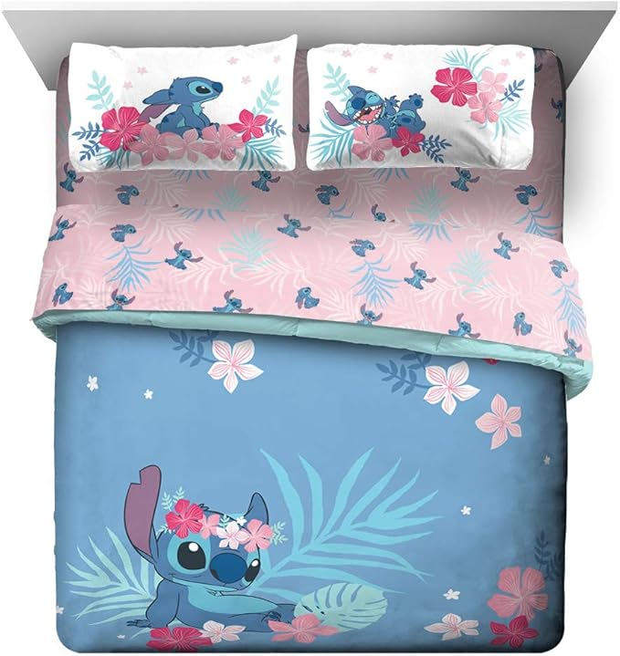 Jay Franco Disney Lilo & Stitch Paradise Dream 7 Piece Queen Bed Set - Includes Reversible Comforter & Sheet Set Bedding - Super Soft Fade Resistant Microfiber (Official Disney Product)