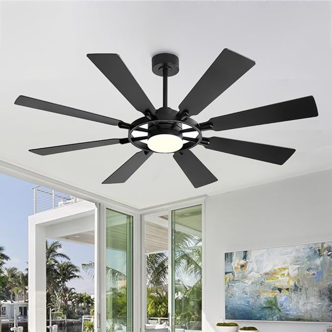 ELEHINSER 60 Inch Ceiling Fan with Lights and Remote Control, 8 Plywood Blades, 6-Speed Noiseless Reversible DC Motor, 3CCT, Windmill Ceiling fan for Kitchen Bedroom Living Room, Matte Black