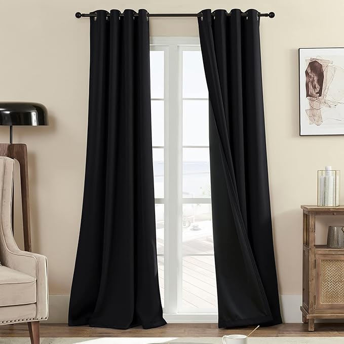 100% Blackout 340 GSM Curtains , 84 inches 2 panel sets, Heat and Full light Blocking Drapes with Grommets for Bedroom, Thermal Insulated Window Treatment Drapes for Living Room (Black,52x84inch)