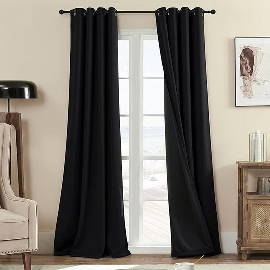 100% Blackout 340 GSM Curtains , 84 inches 2 panel sets, Heat and Full light Blocking Drapes with Grommets for Bedroom, Thermal Insulated Window Treatment Drapes for Living Room (Black,52x84inch)