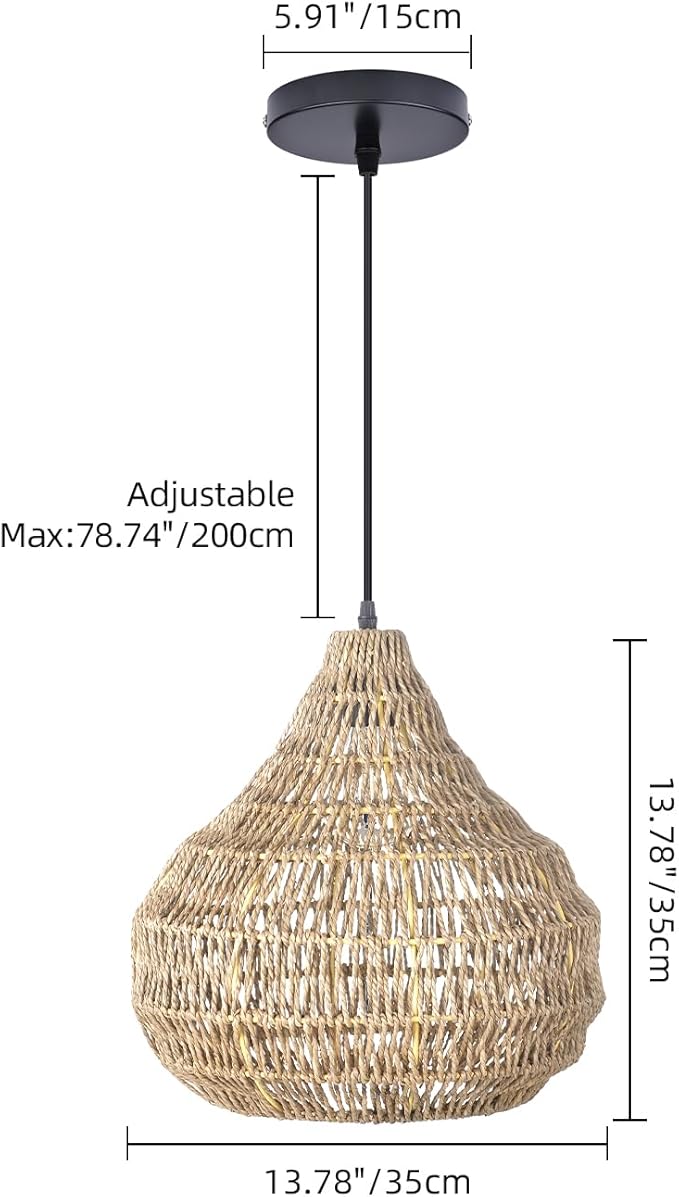 1 Light Seagrass Pendant Light for Kitchen Island, Farmhouse Rustic 13.77''W Small Woven Chandelier Ceiling Hanging Light Fixture Handmade Wicker Shade for Dining Room Shop Restaurants