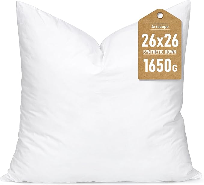 Artscope Synthetic Down Pillow Insert, 26x26 Down Alternative Throw Pillow Insert. Ultra Soft Fluffy Sleeping Pillow with 100% Cotton Cover, Decorative Pillows-White.