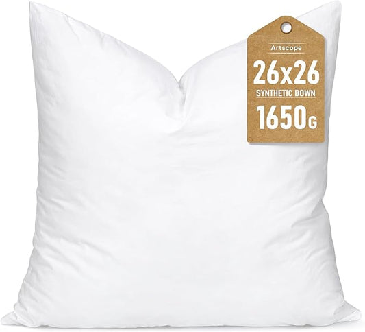 Artscope Synthetic Down Pillow Insert, 26x26 Down Alternative Throw Pillow Insert. Ultra Soft Fluffy Sleeping Pillow with 100% Cotton Cover, Decorative Pillows-White.