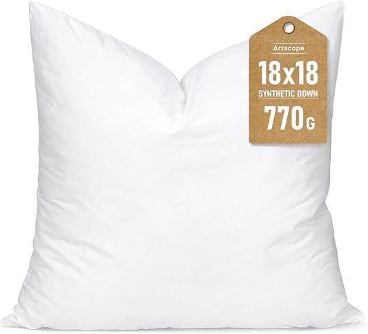 Artscope Synthetic Down Pillow Insert, 18x18 Down Alternative Throw Pillow Insert. Ultra Soft Fluffy Sleeping Pillow with 100% Cotton Cover, Decorative Pillows-White.