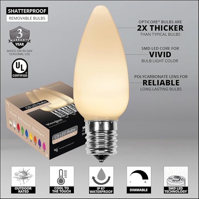 Wintergreen Lighting 100’ OptiCore LED Warm White Smooth/Opaque Christmas Pathway Lights, C9 Outdoor Christmas White Lights, 4.5” Stakes, Green Wire Plug String Lights