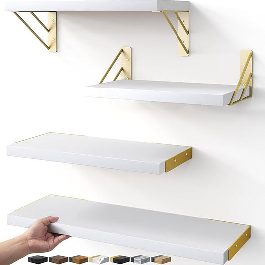 BAYKA Wall Shelves for Bedroom Decor, Floating Wall Shelf for Living Room Kitchen Storage, Mounted Rustic Wood Shelves for Kids Books, Corner Shelf for Bathroom(White and Gold，Set of 4)
