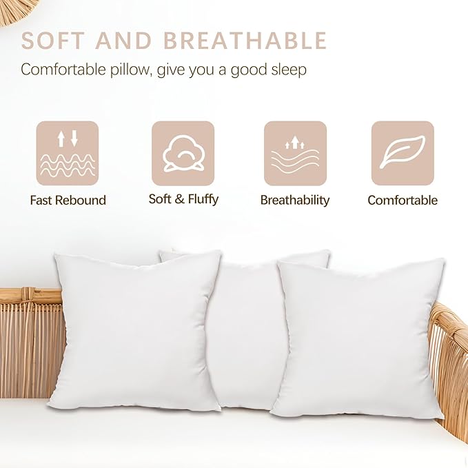 Throw Pillows Insert Set of 2, White 18x18in Pillow Inserts with 100% Cotton Cover,Bed and Couch Decorative Stuffer Pillows,Indoor Pillows for Sofa