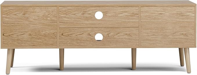 TV Stand for Living Room, Boho Entertainment Center for 55/60 inch TVs, Media Console with Fluted Door Cabinets and Open Shelves, for Bedroom, Oak