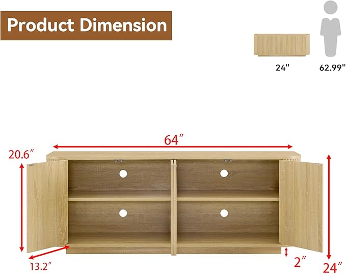 64" Buffet Sideboard Cabinet with Storage, Modern Fluted Accent Credenza with Adjustable Shelves, Wood Coffee Bar Console Table for Living Room Kitchen Dining Room Hallway, Natural