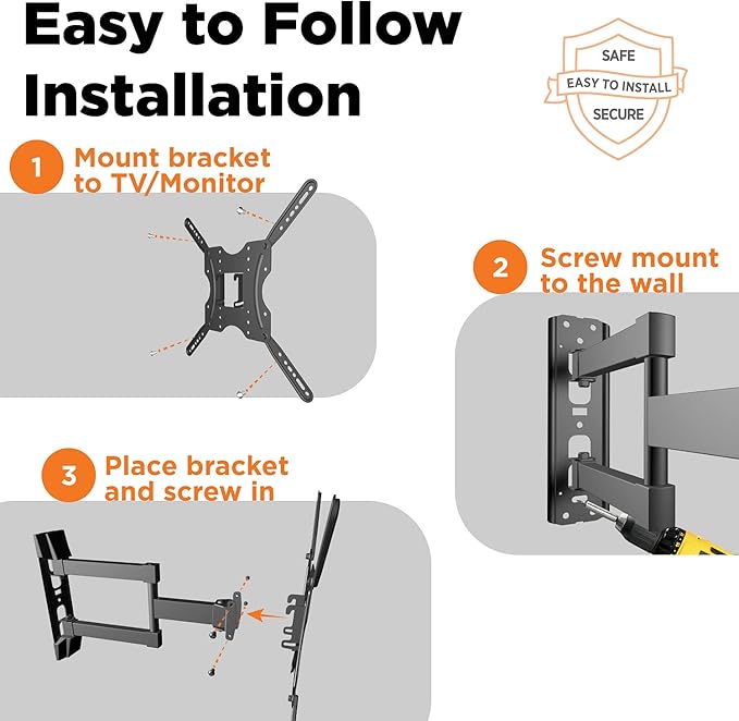 ProMounts Articulating/Full Motion TV Wall Mount for Most 23-60 Inch Curved, Flat Screen, LED, LCD, OLED, Plasma TVs, Holds up to 88 lbs. Max VESA 400x400