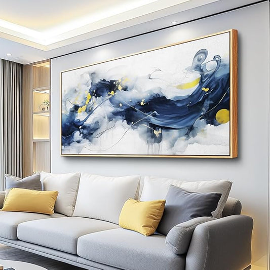 hyidecorart Wood Framed Wall Art For Living Room Large Size Wall Decor For Office Bedroom Wall Decorations Pictures Artwork Blue Abstract Ink Paintings Canvas Art Prints Ready To Hang Home Decor