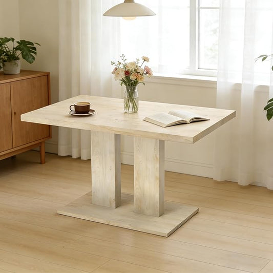 46" Dining Table for 4, Modern Rectangular Dining Room Table with Sturdy Pedestal Base, Thickened Tabletop, MDF Natural Wood Finish Kitchen Table for Breakfast Nook, Home & Apartment