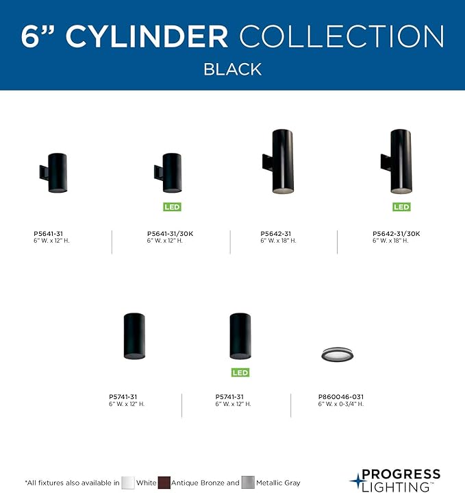 Progress Lighting 6-Inch Cylinder Outdoor Ceiling Light, 1-Light Modern Flush Mount Ceiling Light Fixture, Interior and Exterior Lighting for Home or Porch, Aluminum Construction, Black (P5741-31)