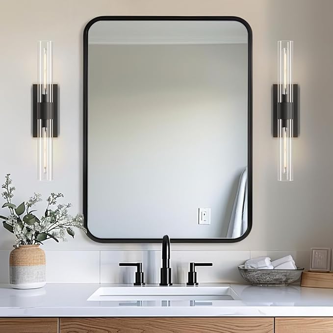 YUYI Black Wall Sconces, 22.8'' Wall Light Set of Two for Bathroom Vanity, Modern Wall Lighting Fixtures with Glass Shade, Indoor Wall Sconces for Bathroom, Bedroom, Living Room, Hallway, Fireplace