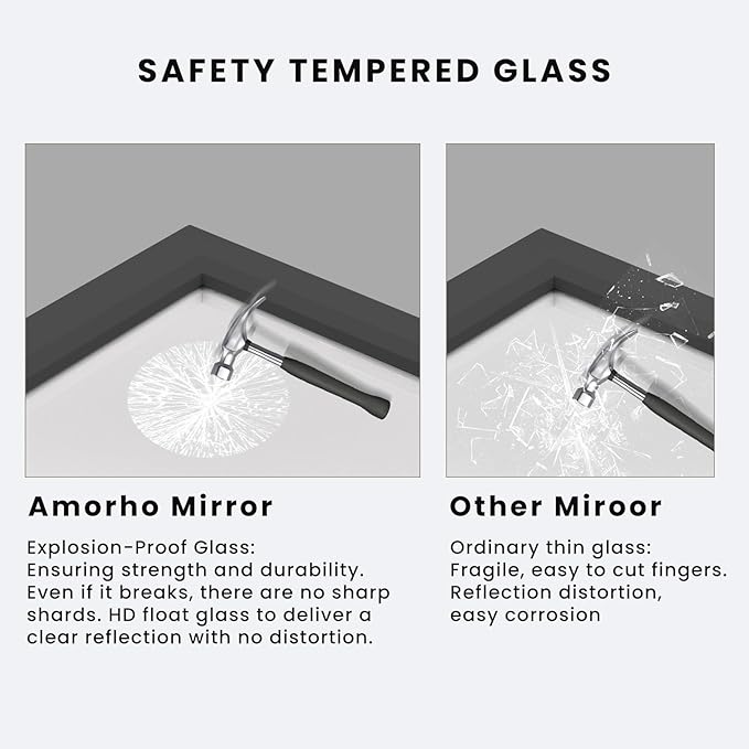 Amorho Black Bathroom Mirror, 60X36 Inch Thick Metal Framed Wall Mirrors for Over 2 Sinks, Bedroom, Living Room, Entryway, Large Rectangle Wall-Mounted Mirrors.