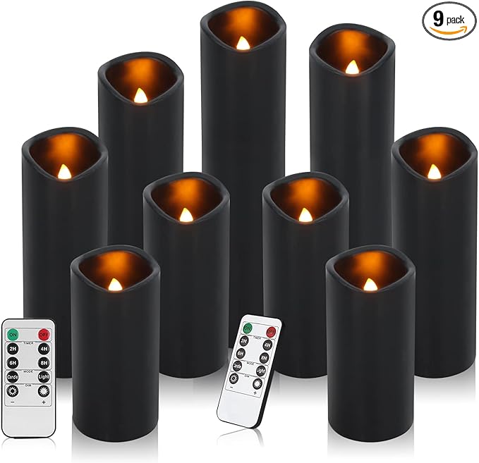 antizer Flameless Candles Led Candles Pack of 9 (H 4" 5" 6" 7" 8" 9" x D 2.2") Black Real Wax Battery Candles with Remote Timer