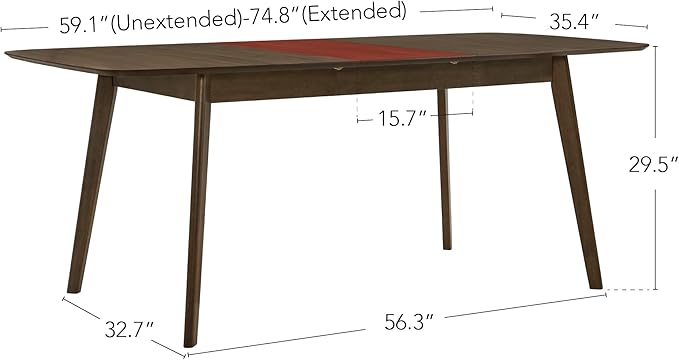 CHITA 59"-75" Extendable Dining Room Table for 4-6, Modern Wood Dining Table for Small Spaces, Kitchen, Space Saving Hidden Leaves, Solid Rubberwood Frame, Walnut Venner