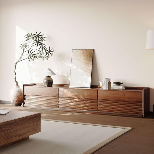 POVISON Fully-Assembled Mid Century TV Stand with Adjustable LED Lights, Wood Media Console with 6 Drawers for 85-inch TVs, Modern Entertainment Center with Storage for Living Room