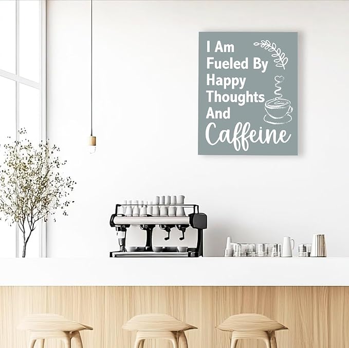Funny Wall Art For Office,I Am Fueled By Happy Thoughts And Caffeine Canvas Paintings Framed For Home Office Workplace Wall Art Decor