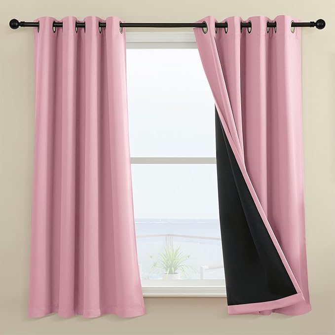 100% Blackout Curtain 2 Panels , Heat and Full Light Blocking Drapes with Grommets for Bedroom, Thermal Insulated Window Treatment Drapes for Living Room (Pink, 52Wx45L)