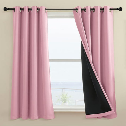 100% Blackout Curtain 2 Panels , Heat and Full Light Blocking Drapes with Grommets for Bedroom, Thermal Insulated Window Treatment Drapes for Living Room (Pink, 52Wx45L)