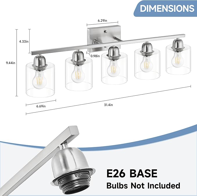 Modern Brushed Nickel 5 Light Bathroom Vanity Light, 31 inch Bathroom Light Fixtures, Vanity Lights with Clear Glass for Mirror Kitchen Living Room Hallway Cabinet Porch