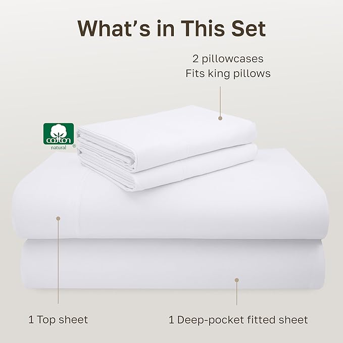 California Design Den Deep Pocket King Sheets Set - Luxury 600 Thread Count Sateen, 100% Cotton Sheets with All Around Elastic for a Snug Fit, Hotel Quality Bedding Set - White