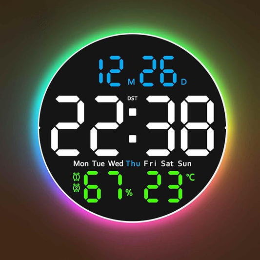 10 Inch Large Digital Wall Clock with 9 Color Changing Remote Control, Date Week Temperature, Auto Brightness Dimmer Clock Night Lights,Blue+Green