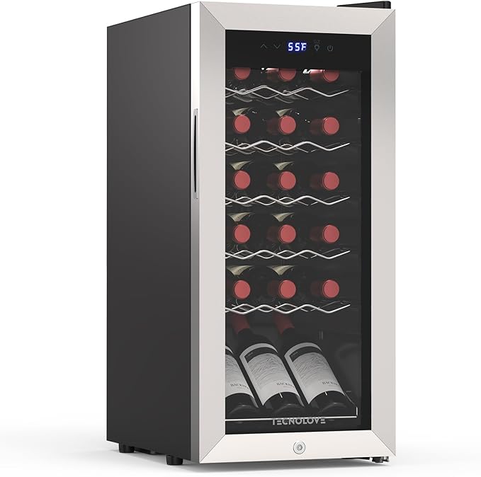 18 Bottle Wine Cooler with 41-68℉ Digital Temperature Control Stainless Steel 1.7 Cu.Ft LED Light undercounter Glass Door Compressor Small Compact for Red, White and Champagne Beer