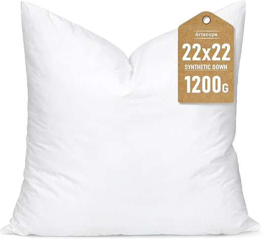 Artscope Synthetic Down Pillow Insert, 22x22 Down Alternative Throw Pillow Insert. Ultra Soft Fluffy Sleeping Pillow with 100% Cotton Cover, Decorative Pillows-White.