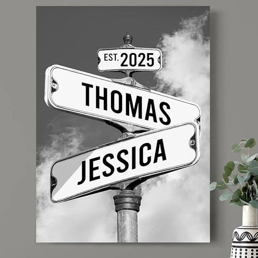 Personalized Canvas Vintage Street Sign For Couples, Crossroads Street Sign For Сouple, Custom Name And Date Poster, Christmas Gifts For Her/Him, Valentines Day Gift For Girlfriend/Boyfriend #13