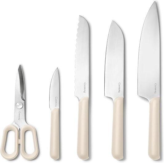 Caraway 5 Piece Knife Set - Premium German Steel Blade Kitchen Knives - Ergonomic Handles - No Microplastics - Cream