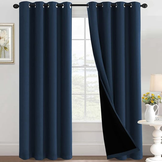 100% Blackout Curtains Thermal Insulated Full Blackout Curtains for Living Room Energy Efficiency Window Drapes for Bedroom with Black Liners (1 Panel, 52x96 inch, Navy)