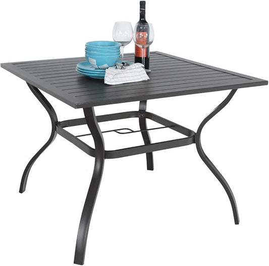 PHI VILLA 37" Patio Table for 4, Metal Outdoor Dining Table with E-Coating, Square Steel Slated Outdoor Table with 1.57" Umbrella Hole for Garden Backyard, Black