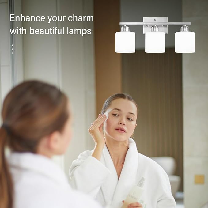 Brushed Nickel Bathroom Light Fixture, 3 Light Vanity Lights for Bathroom, Bath Lights with Milky White Frosted Glass Shades, E26 Socket