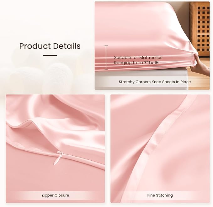THXSILK Silk Sheet Set 4Pcs, 6A+ Top Grade 100% Pure Mulberry Silk Bed Sheets Ultra Soft Durable Luxury Bedding Sets, 1 Fitted Sheet, 1 Flat Sheet and 2 Pillowcases (Twin-XL, Charming Pink)