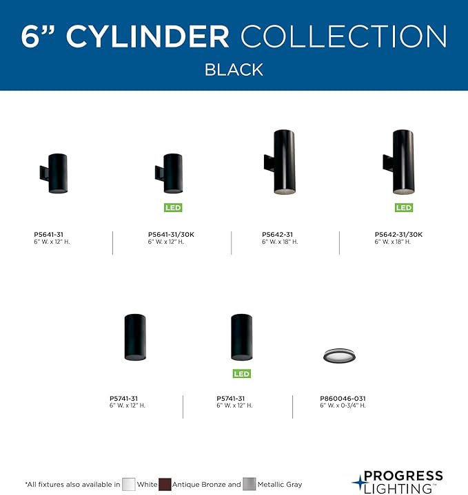 Progress Lighting 6-Inch Cylinder Outdoor Ceiling Light, 1-Light Modern Flush Mount Ceiling Light Fixture, Interior and Exterior Lighting for Home or Porch, Aluminum Construction, Black (P5741-31)