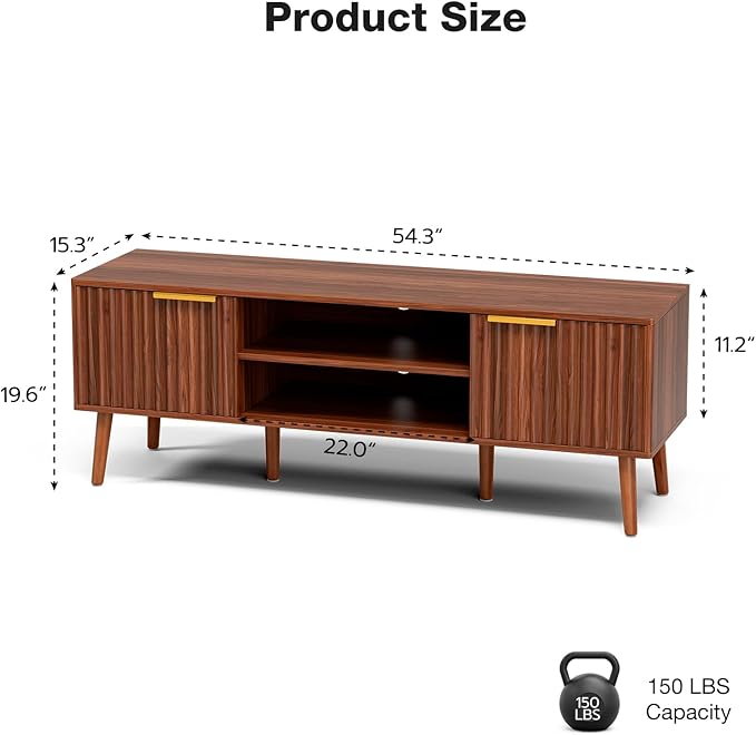 TV Stand for Living Room, Mid Century Modern Entertainment Center for 55/60 inch TVs, TV Console with Fluted Door Cabinets and Open Shelves, for Bedroom, Walnut