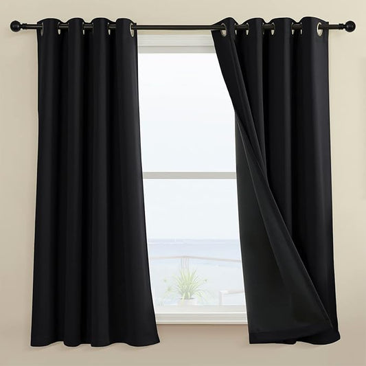 100% Blackout 340 GSM Curtain Panels , Heat and Full light Blocking Drapes with Grommets for Bedroom, Black Thermal Insulated Window Treatment Drapes for Living Room (Black, 2 Panels, 52 x 45 inch)