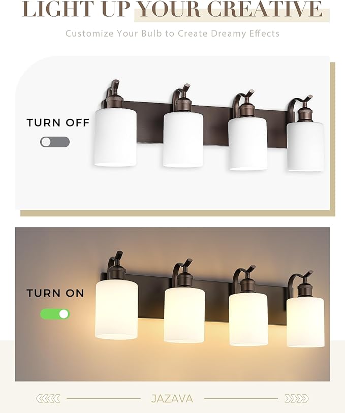 4 Light Bathroom Vanity Light, Morden Bathroom Lighting Fixtures Over Mirror Oil Rubbed Bronze Modern Wall Sconce with Milky White Frosted Shade ZCVL01ORBW-4