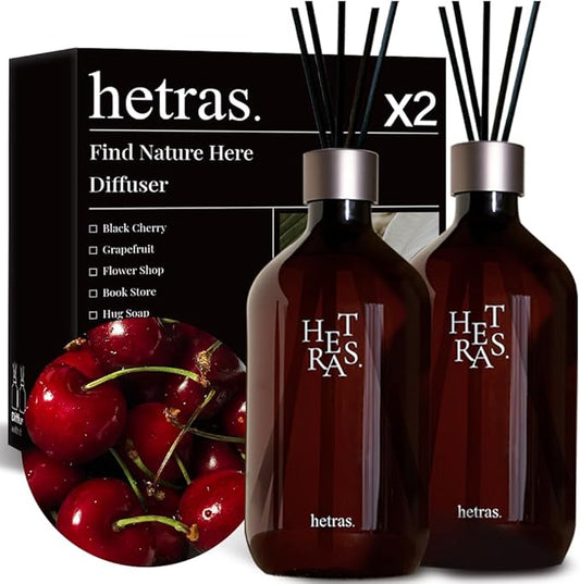 hetras Premium Reed Diffuser Set 16.9 fl.oz. 2 Pack | Black Cherry Scent | Long-Lasting Luxury Fragrance with 10 Reed Sticks for Home & Office | Gifts for Loved One