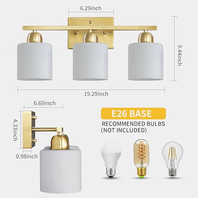 3 Light Gold Bathroom Light Fixtures, Modern Bathroom Vanity Lights with Milky White Frosted Glass Shades, Gold Vanity Mirror with Lights for Mirror Living Room E26 Base