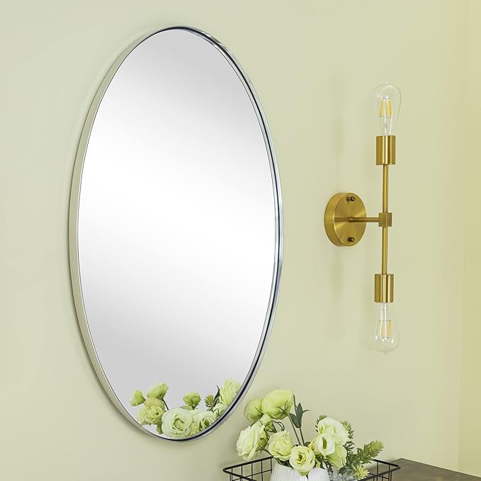 GRACTO Oval Chrome Metal Framed Bathroom Mirror for Wall in Stainless Steel Modern Farmhouse Bathroom Vanity Mirrors Wall Mounted 20x30''