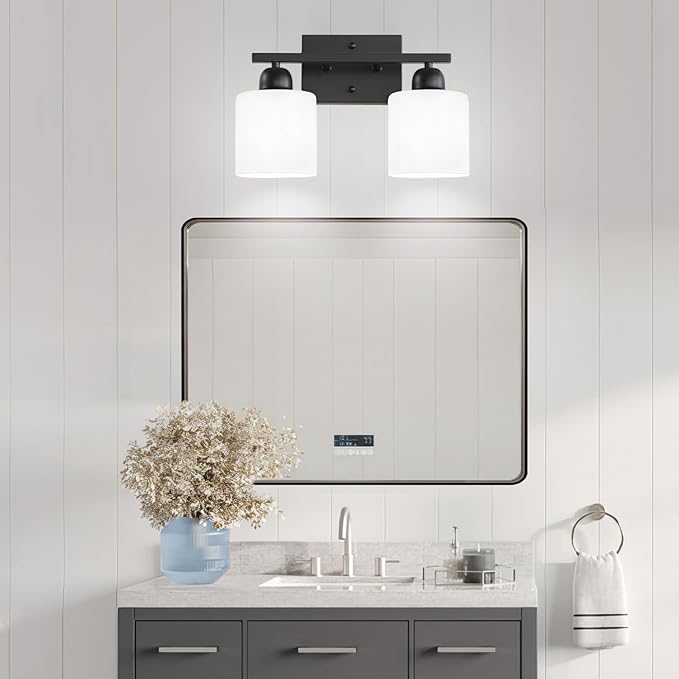 2 Light Black Bathroom Light Fixture, Modern Bathroom Lights with Milky White Frosted Glass Shades for Mirror Living Room Bedroom Hallway E26 Base