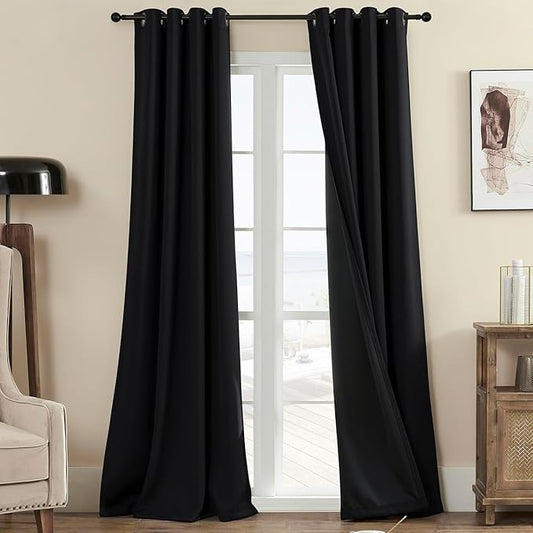100% Blackout 340 GSM Curtains , 80 inches 2 panel sets, Heat and Full light Blocking Drapes with Grommets for Bedroom, Thermal Insulated Window Treatment Drapes for Living Room (Black,52x80inch)