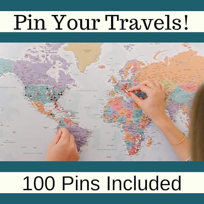 3 Panel - Personalized Canvas Executive World Travel Map with pins- Extra Large Wall Map