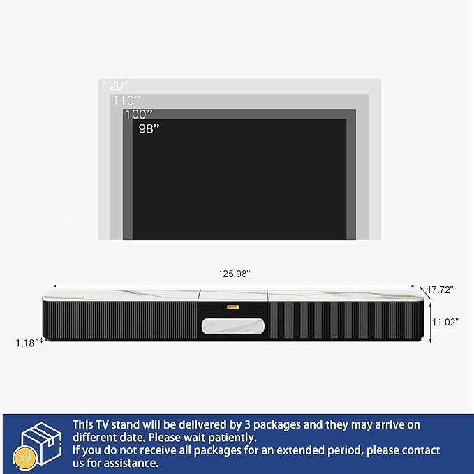 POVISON Fully-Assembled Modern TV Stand for Projector, Sintered Stone Entertainment Center with Storage for Living Room, TV Cabinet with Drawers for 120+ inch TV, Media Console for Living Room