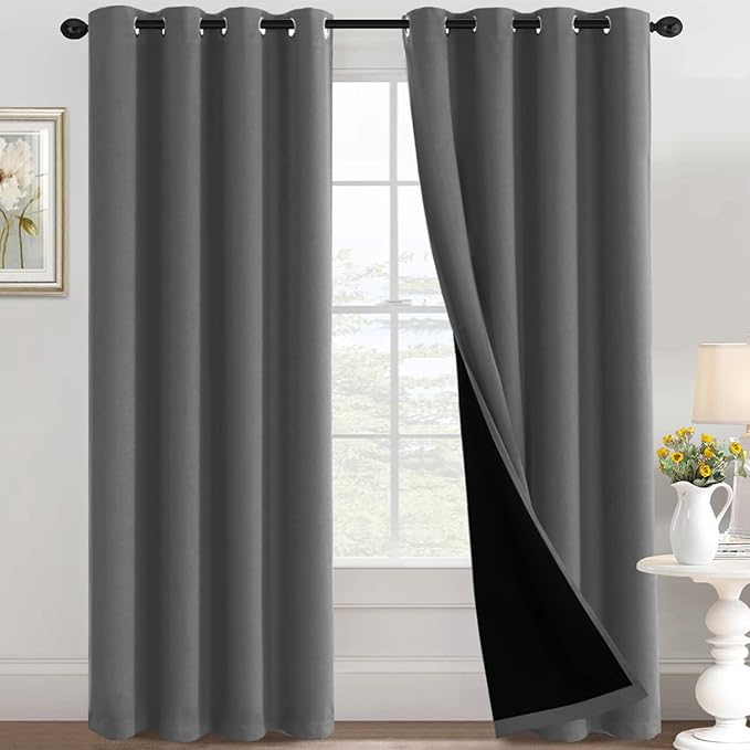 100% Blackout Curtains Thermal Insulated Full Blackout Curtains for Living Room Energy Efficiency Window Drapes for Bedroom with Black Liners (1 Panel, 52x96 inch, Grey)